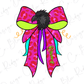 A colorful bow with a black bird head and the word "Ranerg" written on it.