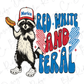 a red white and blue shirt with a raccoon holding a hot dog
