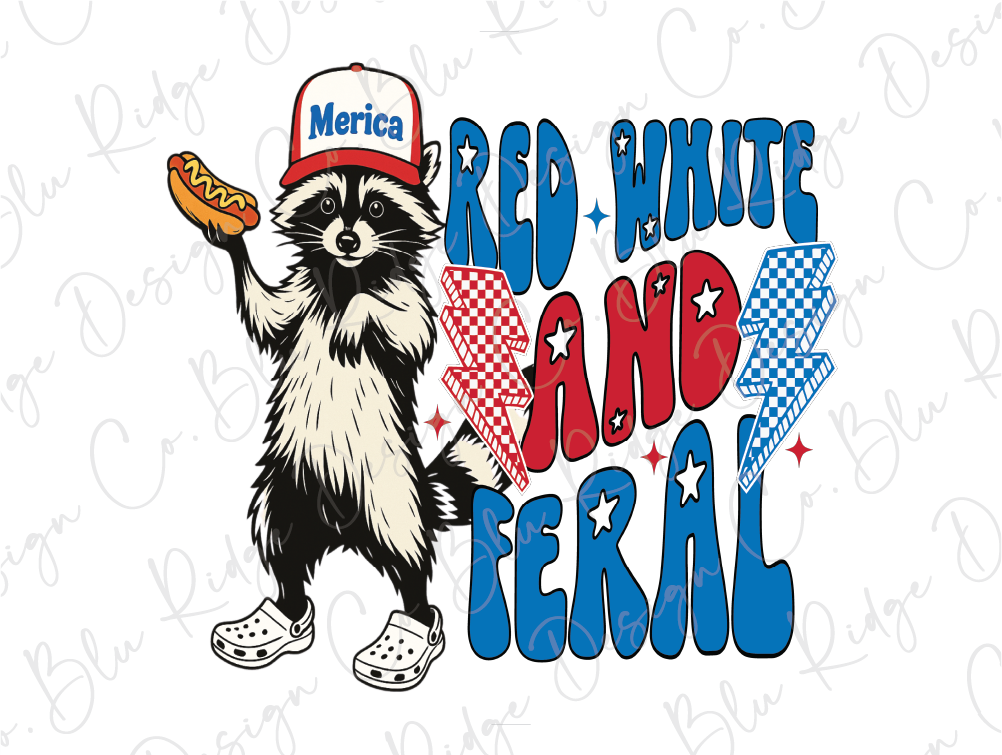 a red white and blue shirt with a raccoon holding a hot dog
