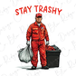 a man in a red coverall holding a trash can