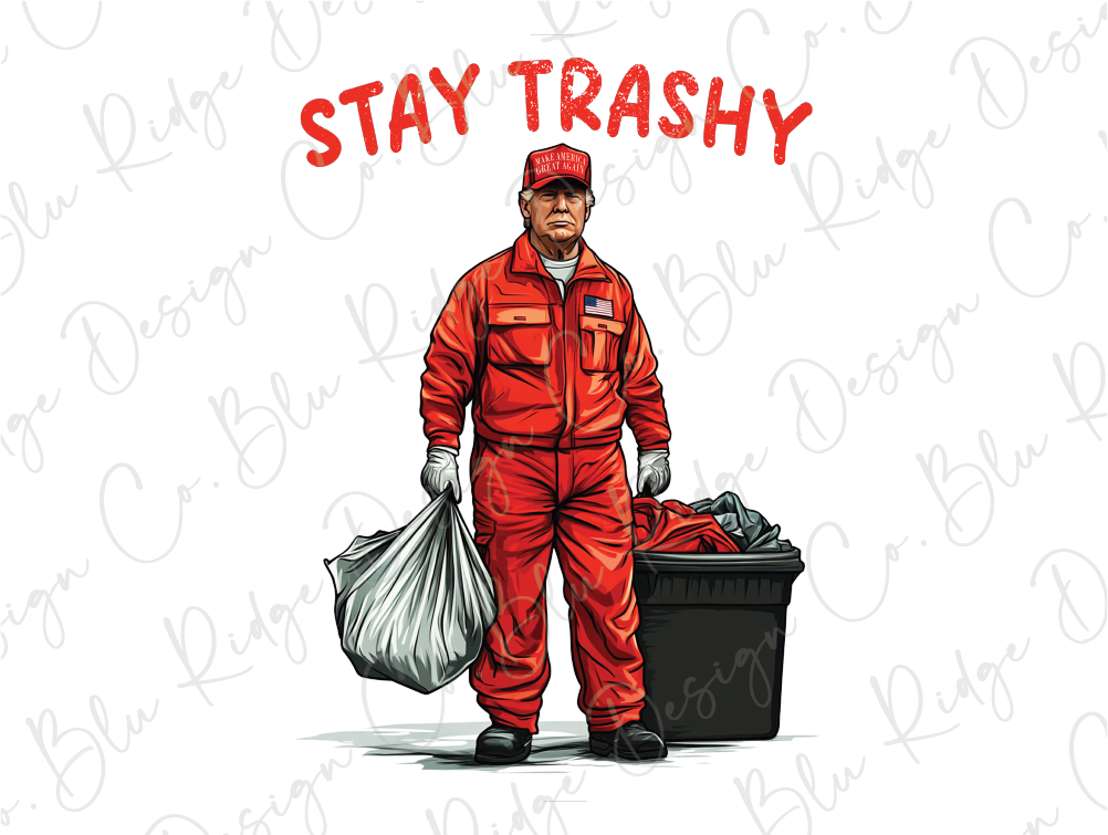 a man in a red coverall holding a trash can