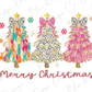 three colorful christmas trees with bows on them