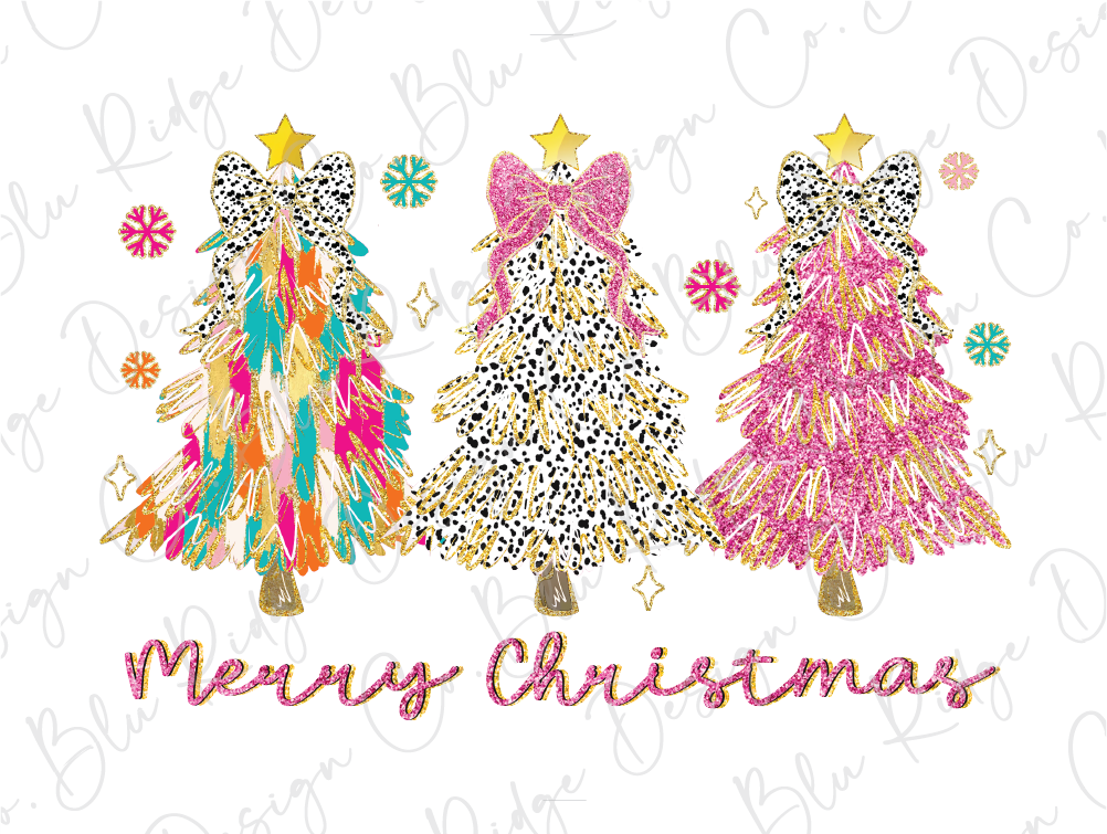 three colorful christmas trees with bows on them