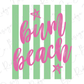 a vibrant and playful design with the text "burn beach" written in a stylized pink font against a background of green and white striped vertical bars.