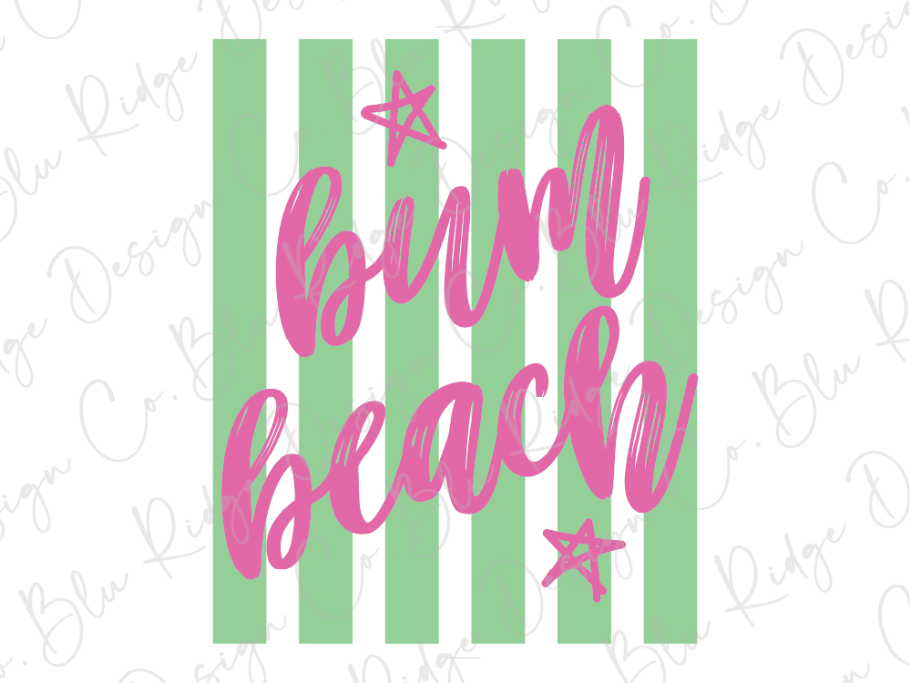 a vibrant and playful design with the text "burn beach" written in a stylized pink font against a background of green and white striped vertical bars.