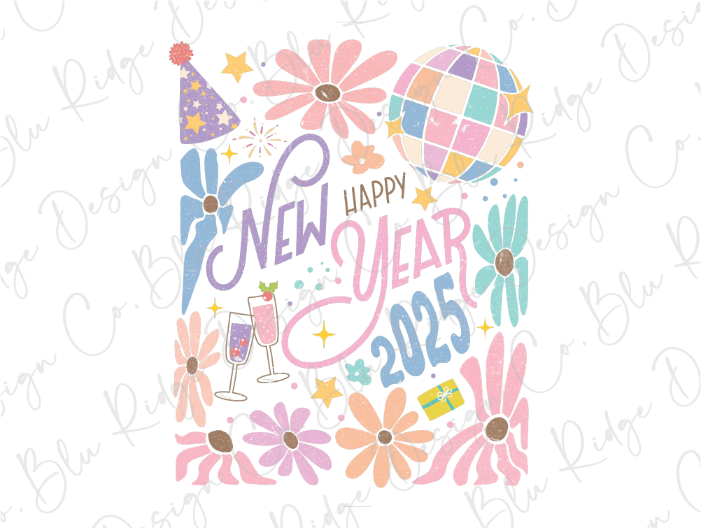 a happy new year greeting card with flowers and balloons