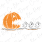 a Halloween scene with a large orange pumpkin and three ghostly figures.