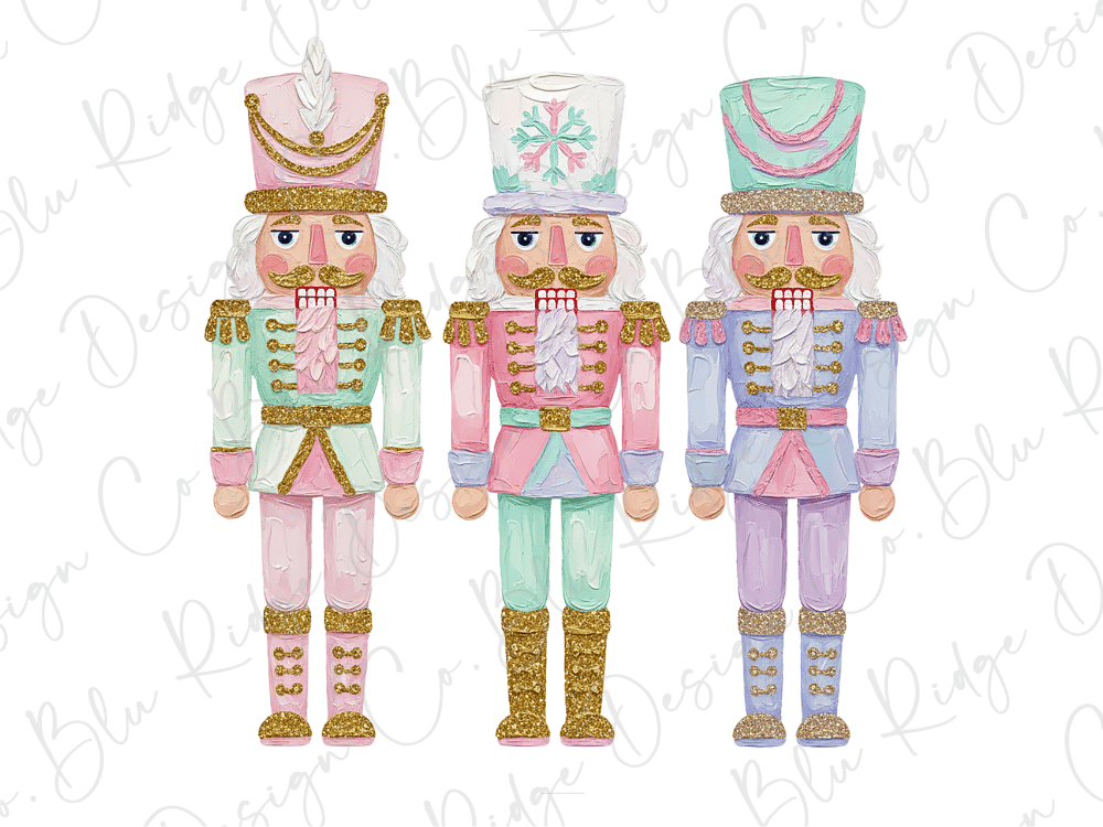 A collage of three colorful nutcracker figurines in different outfits, including pink, blue, and green, against a white background.