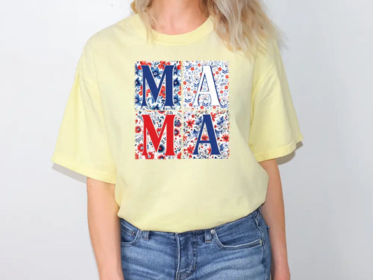 a woman wearing a yellow t - shirt with the word ma on it