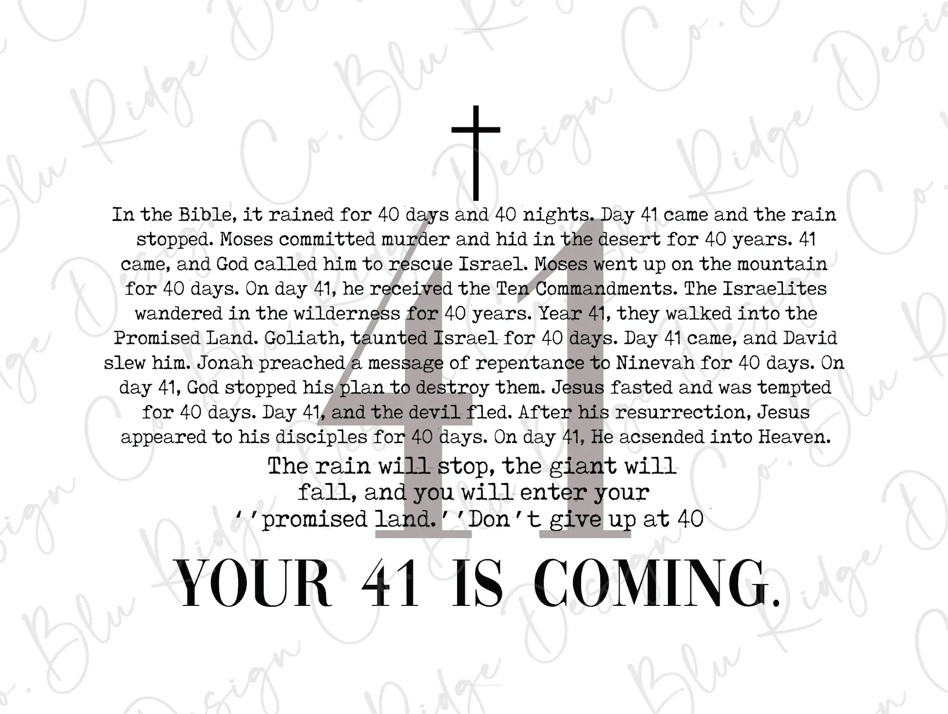 a black and white photo of a cross with the words your 41 is coming