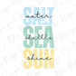the words salt, sea, and sun on a white background