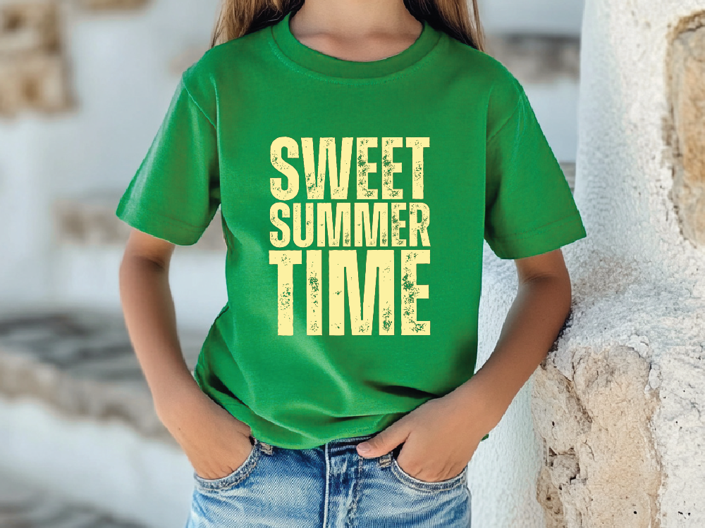 a little girl wearing a green shirt that says sweet summer time