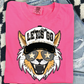 A pink t-shirt with a graphic design of a cat wearing sunglasses and a baseball cap with the text "LET'S GO" printed on it.