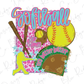 a softball, baseball bat, and ball with the word softball on it