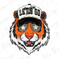 A stylized illustration of a tiger's face wearing a baseball cap with the text "LET'S GO" and sunglasses with stars.