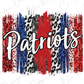 a patriotic design with the word "Patriots" prominently displayed in the center. The design is a combination of red, white, and blue colors, along with a pattern of black and white stripes and leopard print elements.