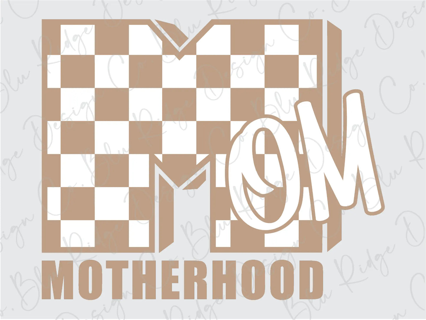 the word mom with a checkered pattern on it