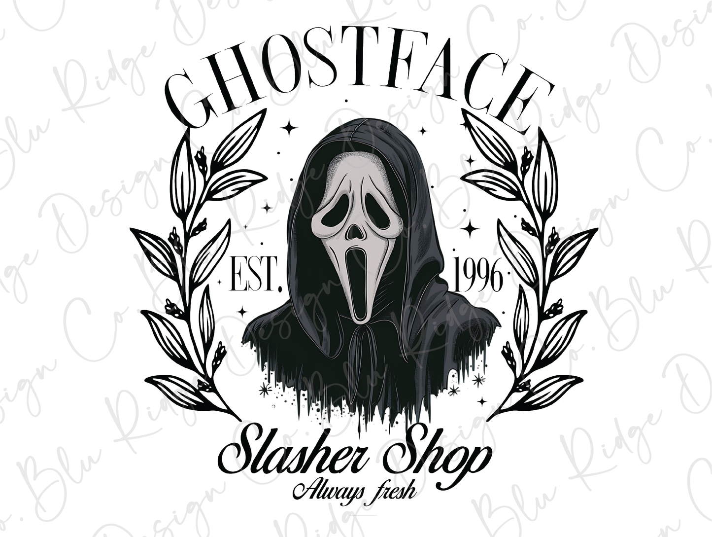 a black and white image of a ghost face with a wreath around it