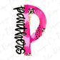 A pink and black stylized letter 'P' with a leopard print pattern.