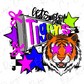 A colorful and stylized illustration featuring a tiger's face with large pink eyes, surrounded by various shapes and patterns in shades of pink, blue, green, and purple.