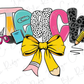 a drawing of a pencil, scissors, and a bow