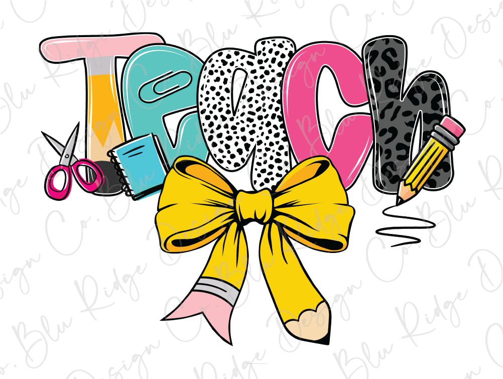 a drawing of a pencil, scissors, and a bow