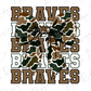 A camouflage bow with the word "Braves" written in a bold, brown font.