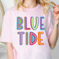 a blonde woman wearing a blue tide t - shirt