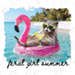 A raccoon wearing sunglasses and holding a drink is sitting on a pink inflatable float in the ocean, with a flamingo float nearby.