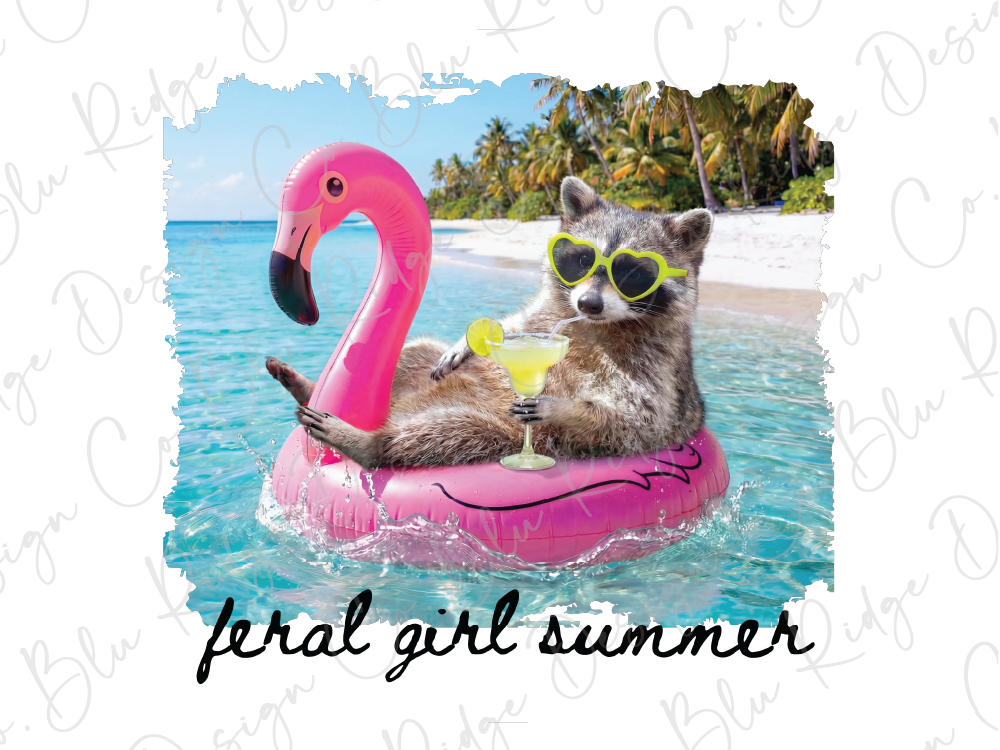 A raccoon wearing sunglasses and holding a drink is sitting on a pink inflatable float in the ocean, with a flamingo float nearby.