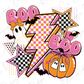 The image is a vibrant and playful Halloween-themed collage featuring various spooky and festive elements such as a ghost, lightning bolt, pumpkin, and the word "BOO".