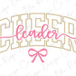 the word "CHEER" written in a stylized font, with a pink ribbon below it.