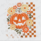 A Halloween-themed illustration featuring a carved pumpkin surrounded by colorful flowers and a checkered pattern.