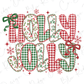 a festive and colorful design with the text "HOLY JOY" prominently displayed. The text is composed of various shapes and patterns, including plaid, red and white checkered, and floral elements, creating a visually appealing and decorative design.