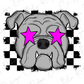 A stylized illustration of a bulldog with large pink star-shaped eyes, set against a background of black and white checkered patterns.