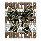 A camouflage bow with the word "POINTERS" written in a stylized font, surrounded by the word "POINTERS" repeated in a larger font.