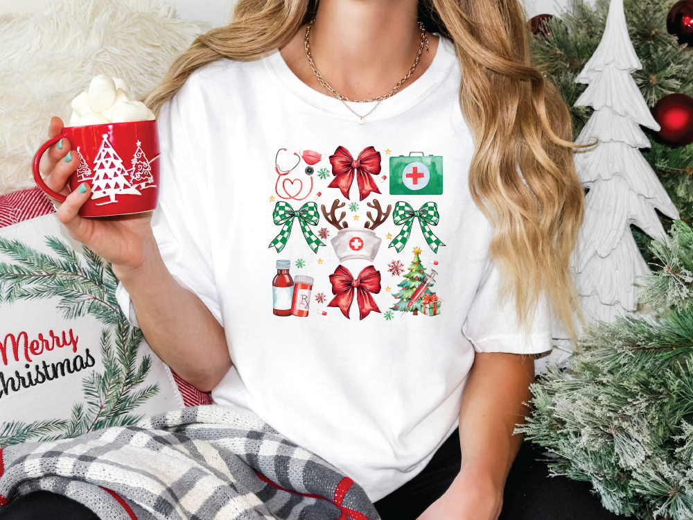 a woman holding a cup of hot chocolate in front of a christmas tree