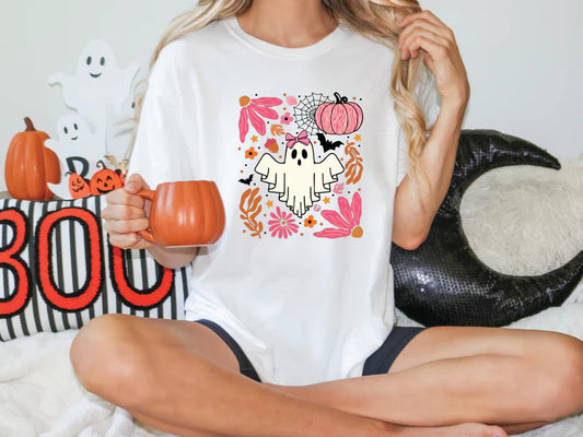 Pink Boho Ghost Floral Collage Graphic T-Shirt