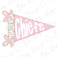 A pink triangular flag with the word "Chairs" written on it, along with two pink bows.