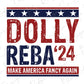 a red, white and blue poster with the words dolly reba on it