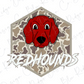 A red dog head with a camouflage pattern is displayed against a hexagonal background with the text "REDHOUNDS" written below it.
