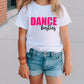 a little girl wearing a t - shirt that says dance better