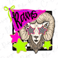 a stylized illustration of a ram with large eyes and a checkerboard pattern on its face, surrounded by colorful stars and a pink banner with the word "Rams" written on it.