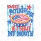 a pie with an American flag design on top, surrounded by stars and text that reads "Sweet Potato Pie & I Shut My Mouth".