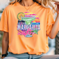 a woman wearing an orange margarita tee shirt