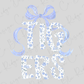 A floral design with the word "TIGERS" written in a decorative font, surrounded by blue ribbons.