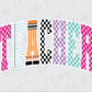 a colorful and playful representation of the word "Teacher" composed of various shapes and patterns, including a pencil, a ruler, and a checkered pattern.