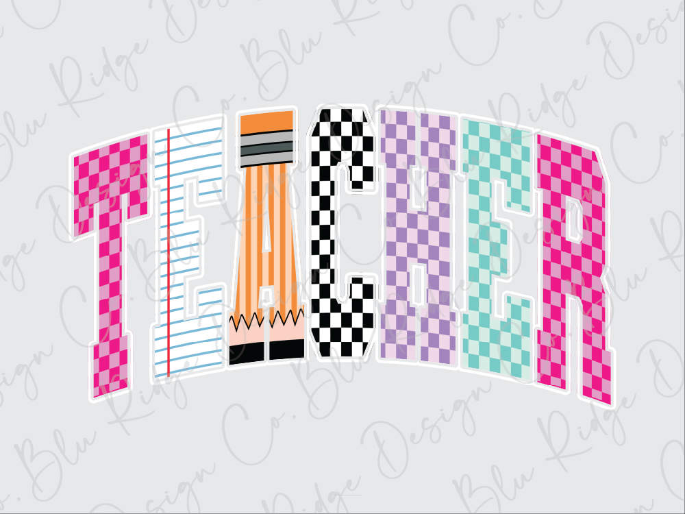 a colorful and playful representation of the word "Teacher" composed of various shapes and patterns, including a pencil, a ruler, and a checkered pattern.