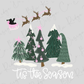 A festive Christmas scene with a Santa Claus sleigh flying over a group of decorated Christmas trees.