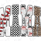 the word "MAMA" in a stylized font, with each letter made up of various decorative elements such as checkered patterns, leopard print, and glitter.